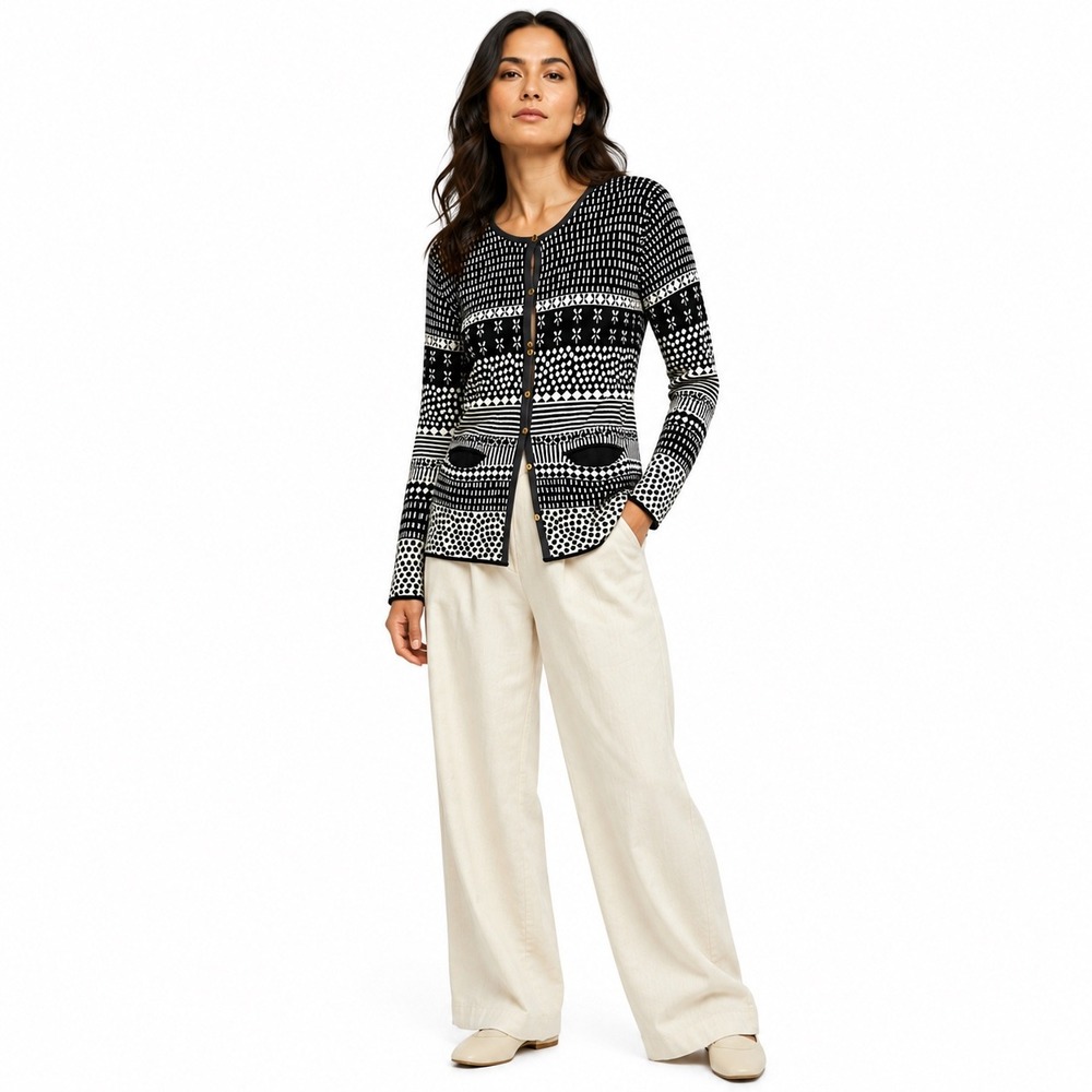 Gudrun Sjoden Cardigan Organic‎ Cotton Black White Nordic Coastal Boho Womens M